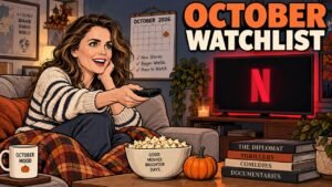 Editorial cartoon of Keri Russell with a remote for the Netflix October 2026 watchlist