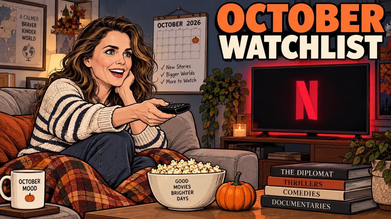Editorial cartoon of Keri Russell with a remote for the Netflix October 2026 watchlist