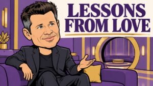 Nick Lachey Says Jessica Simpson Marriage Taught Him What He Wanted With Vanessa Editorial cartoon of Nick Lachey reflecting on marriage lessons during Love Is Blind Season 11