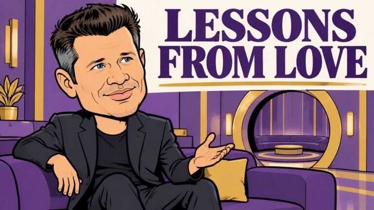 Editorial cartoon of Nick Lachey reflecting on marriage lessons during Love Is Blind Season 11