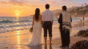 Illustration of a bride, groom and rabbi on a Malibu beach at sunset, evoking the Nobody Wants This Season 3 wedding