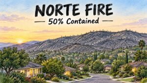 Hand-drawn editorial illustration of calm San Clemente hills at dawn with a quiet burned ridgeline after the Norte Fire reached 50 percent containment, no flames