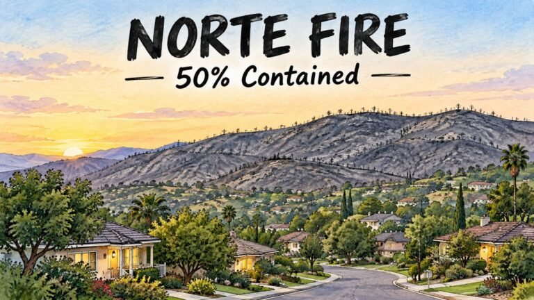 Norte Fire 50% Contained: Crews to Stay for Days Guarding Against Rekindling 689 Hand-drawn editorial illustration of calm San Clemente hills at dawn with a quiet burned ridgeline after the Norte Fire reached 50 percent containment, no flames