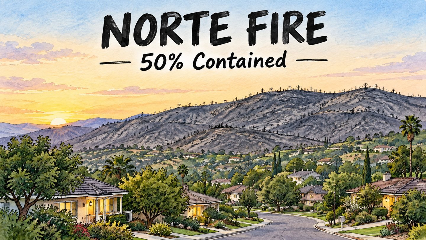 Hand-drawn editorial illustration of calm San Clemente hills at dawn with a quiet burned ridgeline after the Norte Fire reached 50 percent containment, no flames