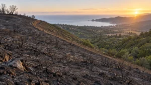 Calm burn scar of the Norte Fire at dawn with a containment line above the green Orange County coast, 75 percent contained