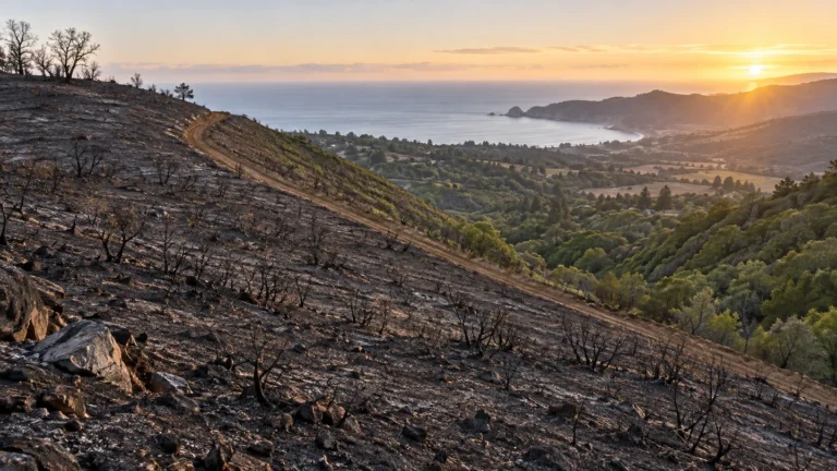 Norte Fire 75% Contained as Crews Mop Up Hot Spots 701 Calm burn scar of the Norte Fire at dawn with a containment line above the green Orange County coast, 75 percent contained