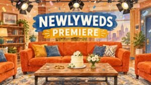 Hand-drawn editorial illustration of a sitcom living room set with wedding rings and a small wedding cake on a coffee table under studio lights for the Newlyweds NBC premiere