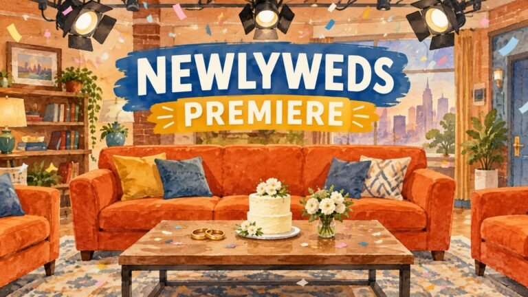 Newlyweds on NBC: Premiere Date, Cast and How to Watch the Téa Leoni Comedy 665 Hand-drawn editorial illustration of a sitcom living room set with wedding rings and a small wedding cake on a coffee table under studio lights for the Newlyweds NBC premiere