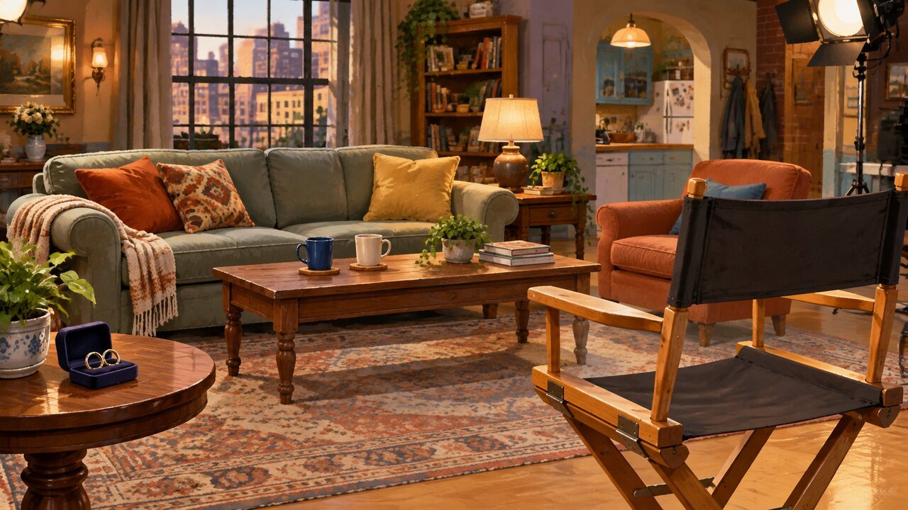 Editorial illustration of a sitcom living room with wedding rings and an empty director's chair. It is not a scene from the show.