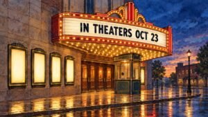 New Movies in Theaters This Week (Oct. 23): Clayface, Klara and the Sun, Wildwood Hand-drawn editorial illustration of a glowing movie theater marquee at dusk reading In Theaters Oct 23, for the week's new movie releases