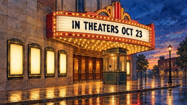 New Movies in Theaters This Week (Oct. 23): Clayface, Klara and the Sun, Wildwood 672 Hand-drawn editorial illustration of a glowing movie theater marquee at dusk reading In Theaters Oct 23, for the week's new movie releases