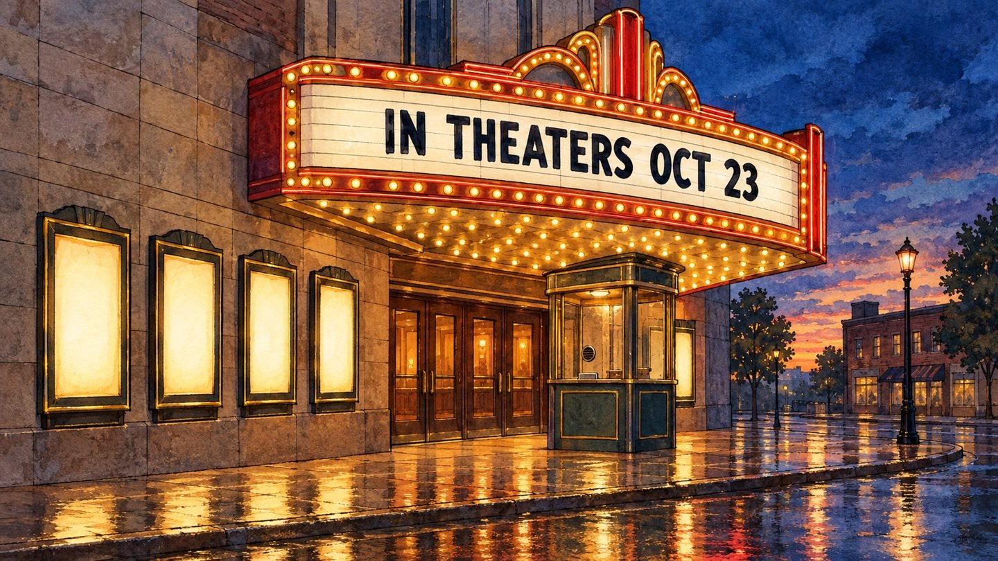 Hand-drawn editorial illustration of a glowing movie theater marquee at dusk reading In Theaters Oct 23, for the week's new movie releases