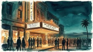 Editorial illustration of a Broadway theater marquee glowing at night for the Other Desert Cities revival with Julia Louis-Dreyfus