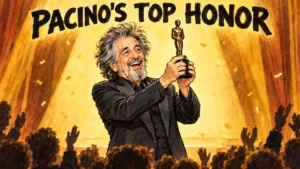 Cartoon of Al Pacino holding a statuette on stage