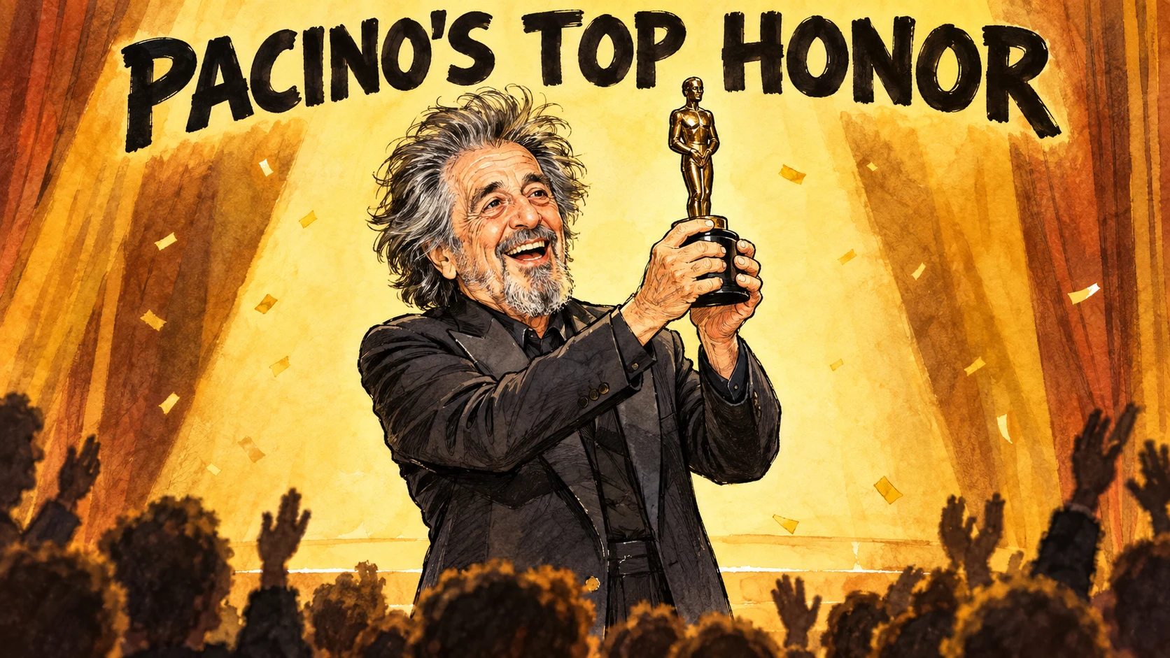 Cartoon of Al Pacino holding a statuette on stage