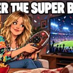 Editorial cartoon of Kaitlin Olson holding a football-shaped remote in front of a TV showing a stadium. An illustration, not a photograph.