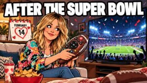 'High Potential' Will Air After Super Bowl LXI on ABC 5 Editorial cartoon of Kaitlin Olson holding a football-shaped remote in front of a TV showing a stadium. An illustration, not a photograph.