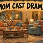 Jaime Pressly Defends Mom Co-Stars After Chuck Lorre's Anna Faris Comments: 'An Incredible Cast of Women' 697 Hand-drawn editorial illustration of a warm sitcom living-room set with five coffee mugs and an empty director's chair, headlined Mom Cast Drama, for Jaime Pressly defending the Mom cast