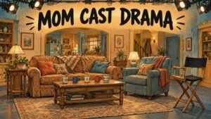 Hand-drawn editorial illustration of a warm sitcom living-room set with five coffee mugs and an empty director's chair, headlined Mom Cast Drama, for Jaime Pressly defending the Mom cast