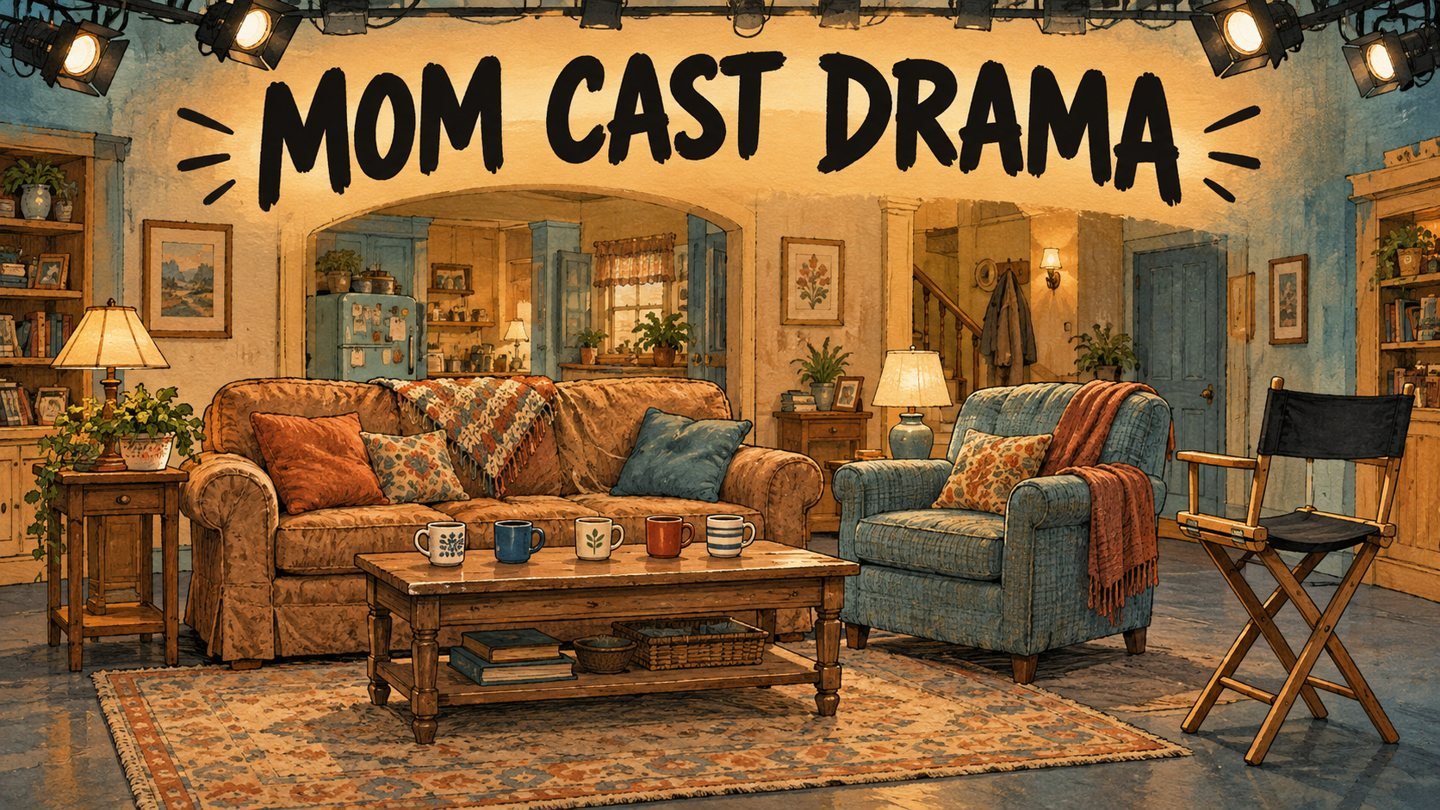 Hand-drawn editorial illustration of a warm sitcom living-room set with five coffee mugs and an empty director's chair, headlined Mom Cast Drama, for Jaime Pressly defending the Mom cast