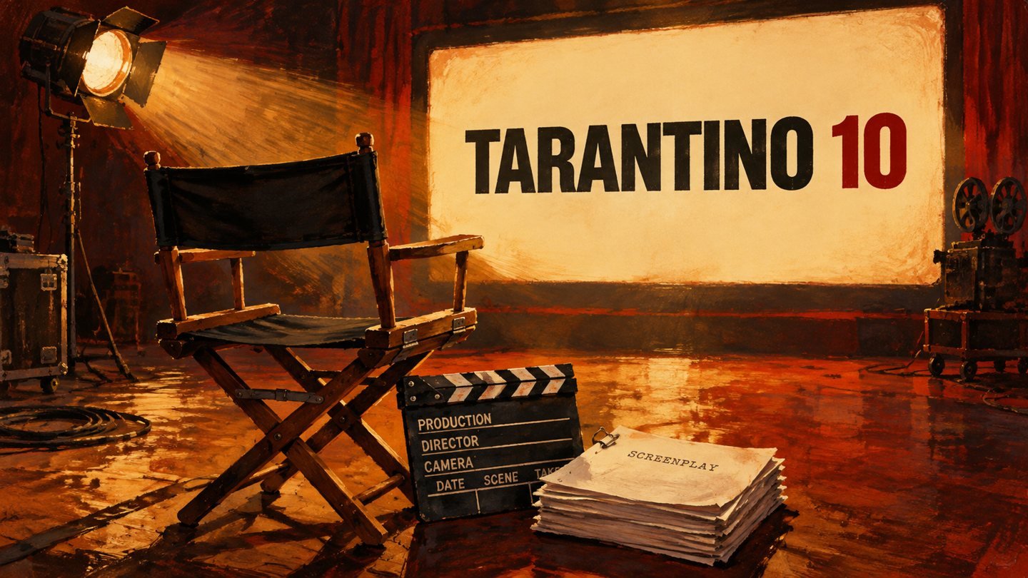 Illustration of an empty director chair, clapperboard and screenplay pages on a film set facing a glowing screen, for Quentin Tarantino 10th movie news