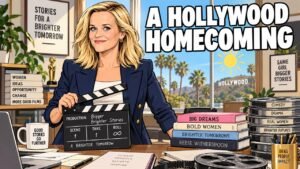 Reese Witherspoon Hello Sunshine homecoming editorial cartoon, not a photograph