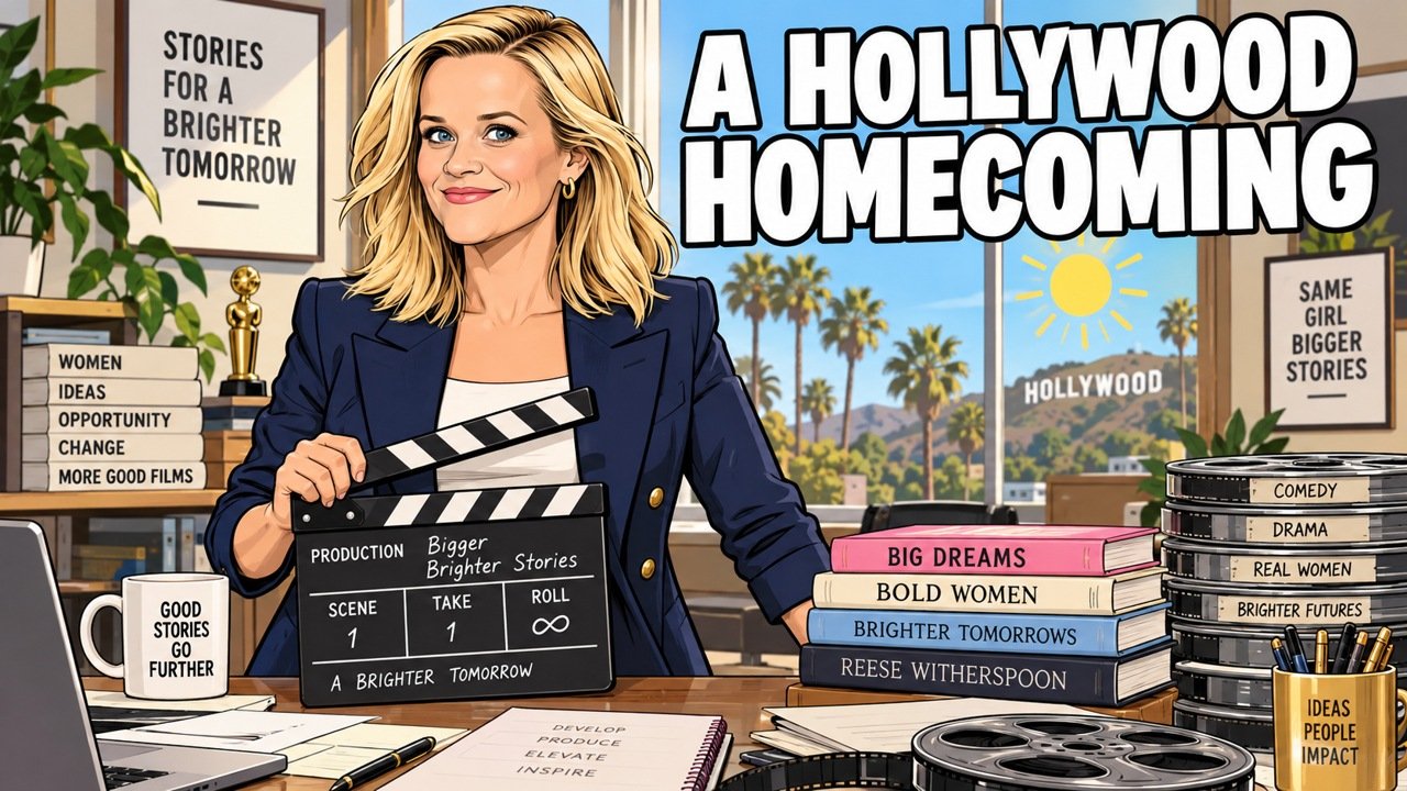 Reese Witherspoon Hello Sunshine homecoming editorial cartoon, not a photograph