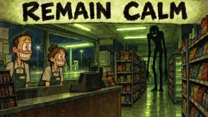 Hand-drawn editorial illustration of two nervous gas station clerks forcing smiles while a tall grinning creature lurks in the snack aisle, for the viral Remain Calm movie horror short