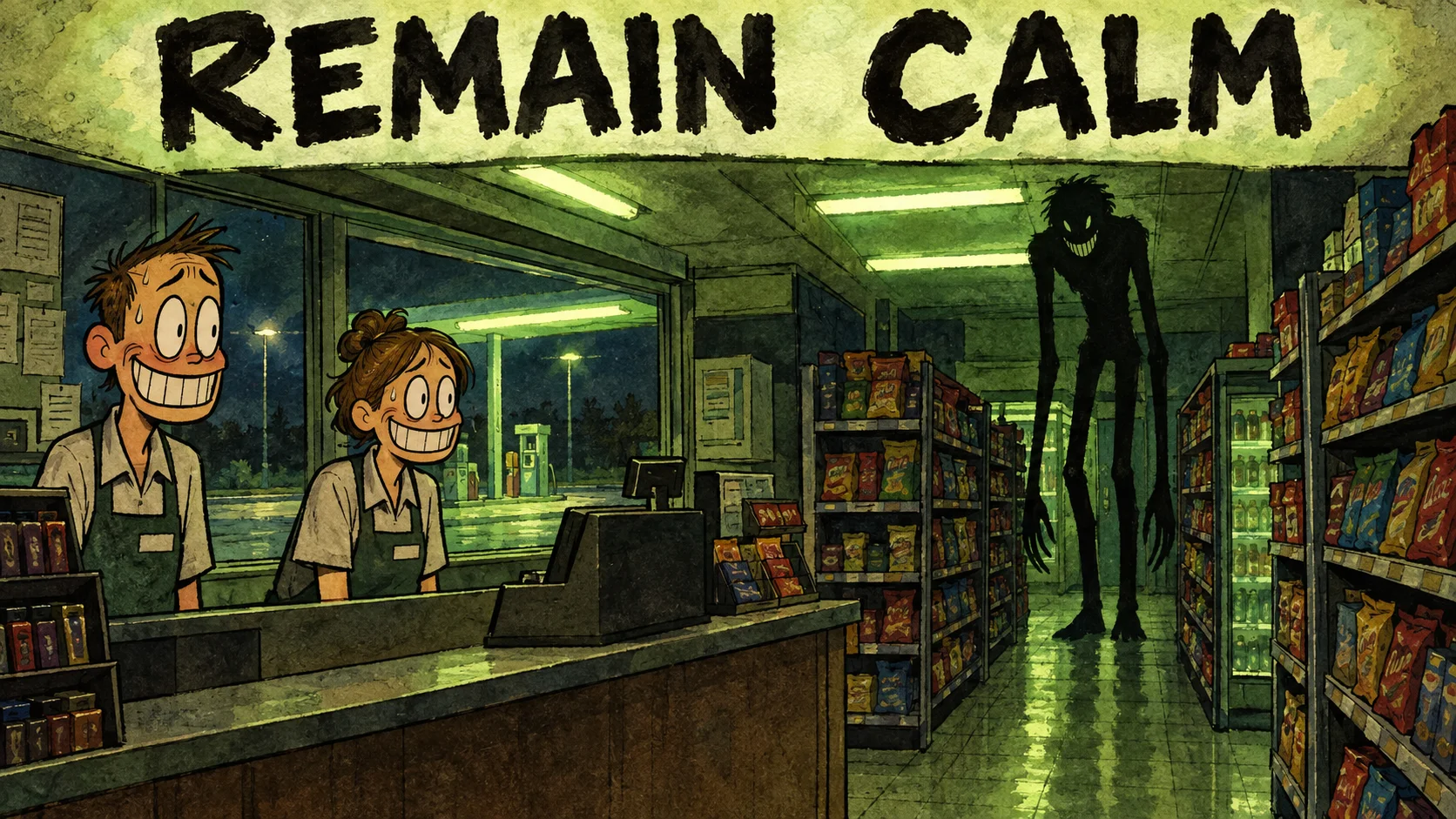 Hand-drawn editorial illustration of two nervous gas station clerks forcing smiles while a tall grinning creature lurks in the snack aisle, for the viral Remain Calm movie horror short