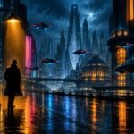 Editorial illustration of a retro-futuristic noir city at night with a detective silhouette. Not artwork from the film Ray Gunn and not a photo of its cast.