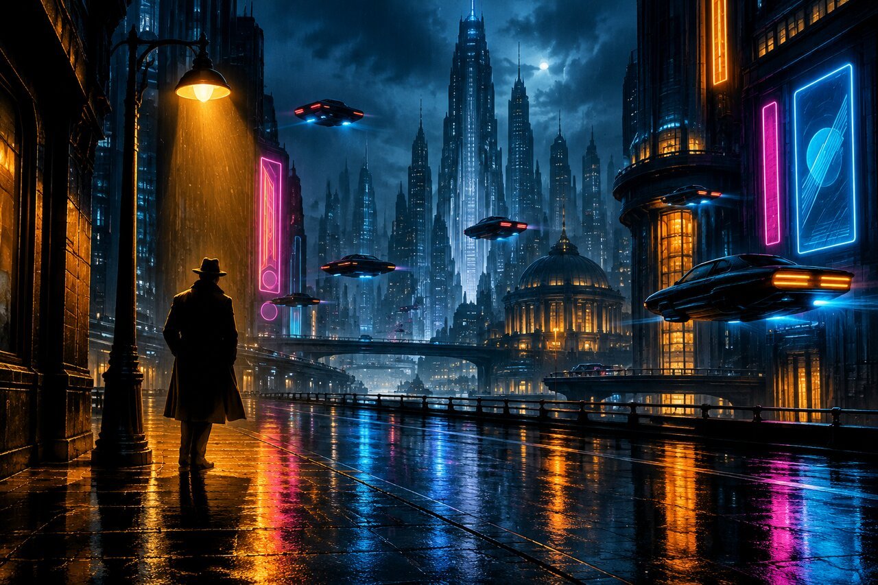 Editorial illustration of a retro-futuristic noir city at night with a detective silhouette. Not artwork from the film Ray Gunn and not a photo of its cast.