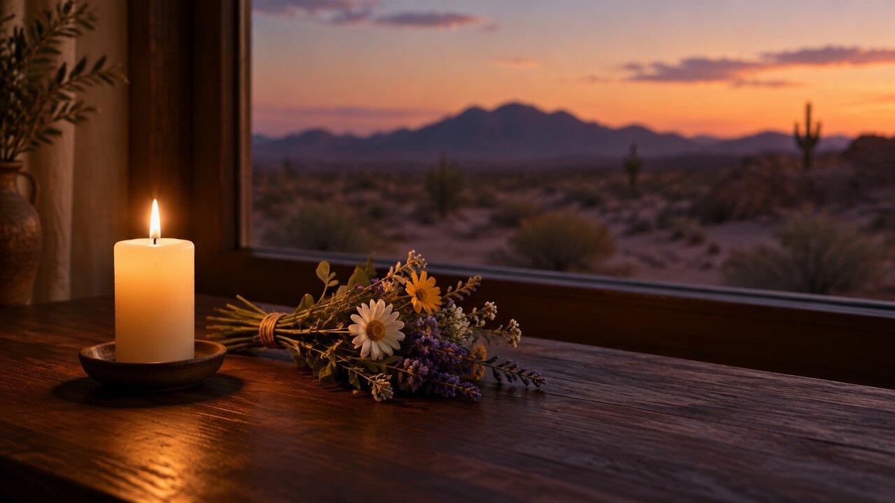 Editorial illustration of a candle and flowers on a table. Not RJ Mitte or any real place.