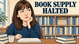 Editorial cartoon of Sally Rooney beside books as Faber stops new UK supply