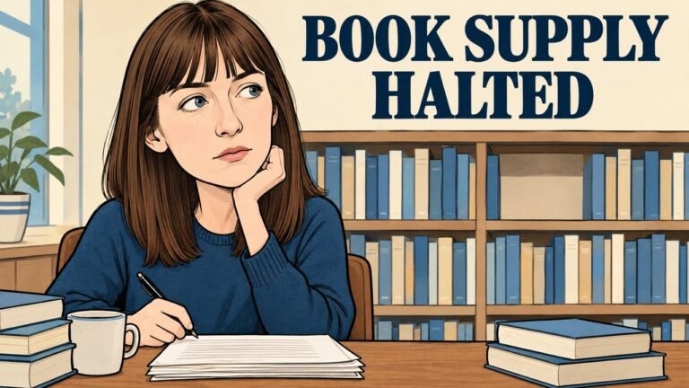 Editorial cartoon of Sally Rooney beside books as Faber stops new UK supply