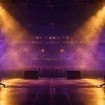 Editorial illustration of an empty arena stage with two guitars under spotlights. Not a photo of the concert or any real person.