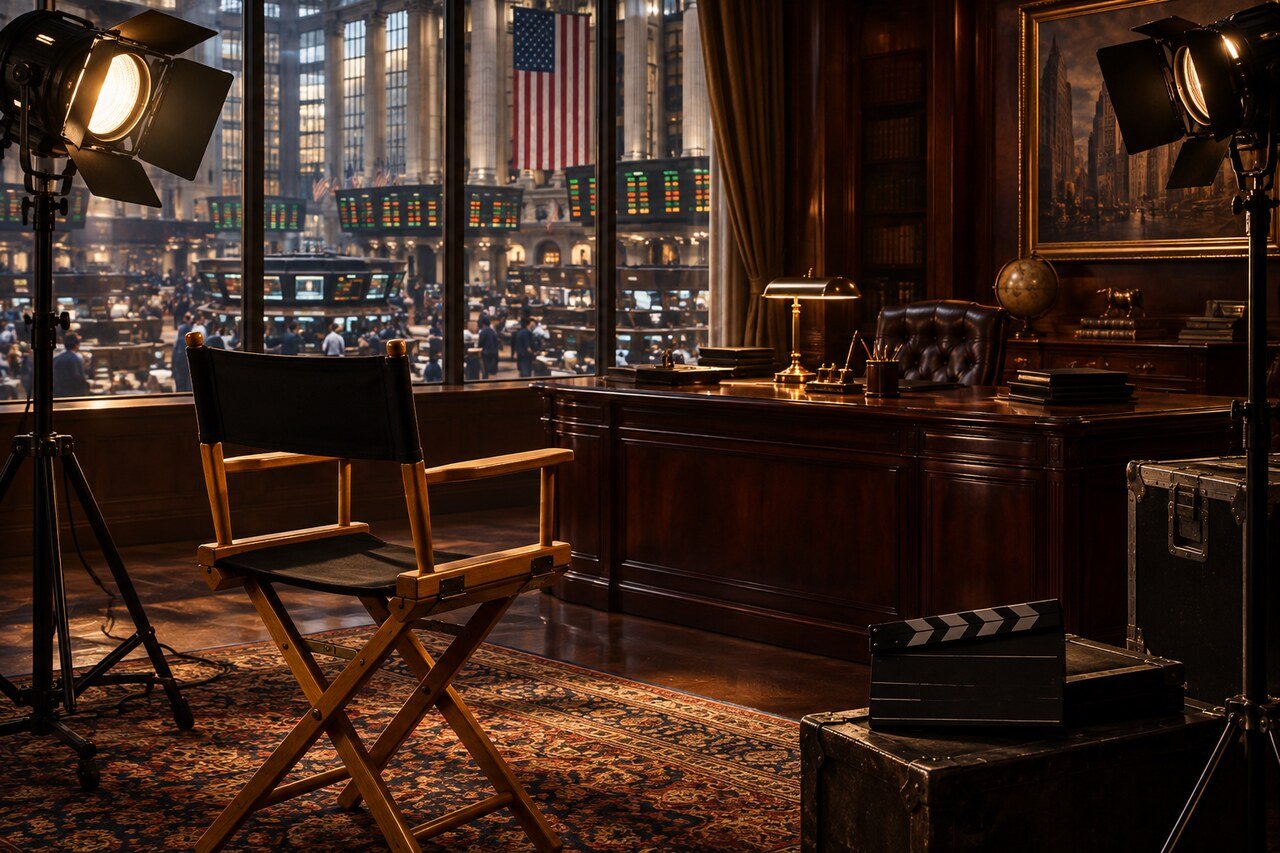 Editorial illustration of a 1980s film set with an empty director's chair for the Sean Young Wall Street story, not a photo of the real people or set
