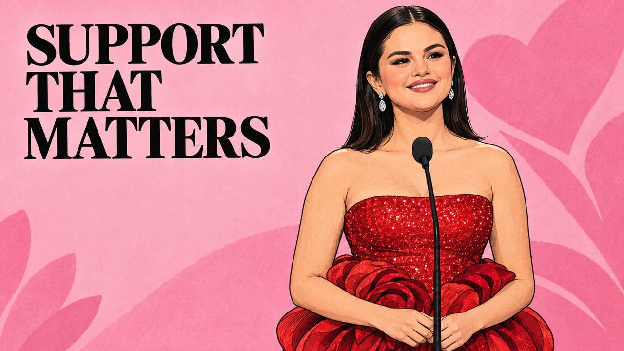 Selena Gomez at a Rare Impact Fund microphone. Editorial illustration, not a photograph.