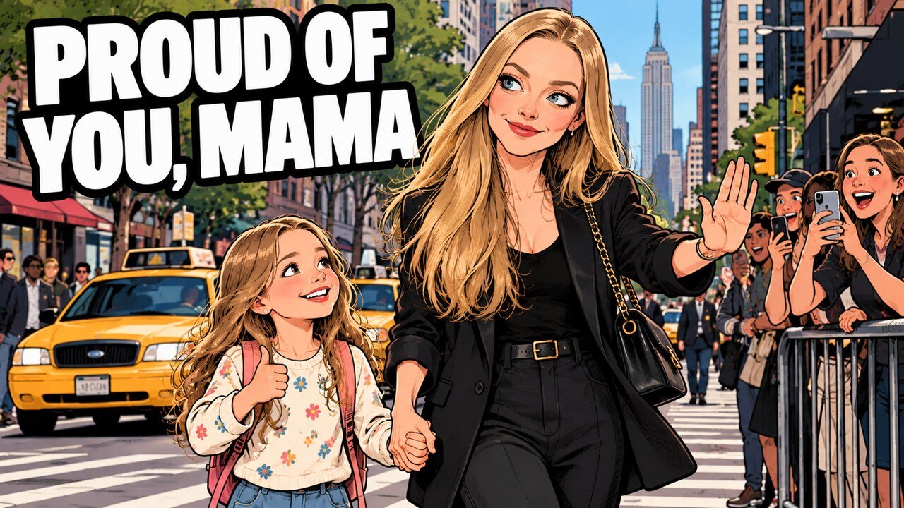 Amanda Seyfried Says She Passed on a TV Role Because of Its Sex Scenes 2 Hand-drawn editorial cartoon of Amanda Seyfried walking hand in hand with her young daughter on a Manhattan street, waving off a fan, the girl giving a thumbs-up. Headline: Proud of You, Mama. Illustration, not a photograph.