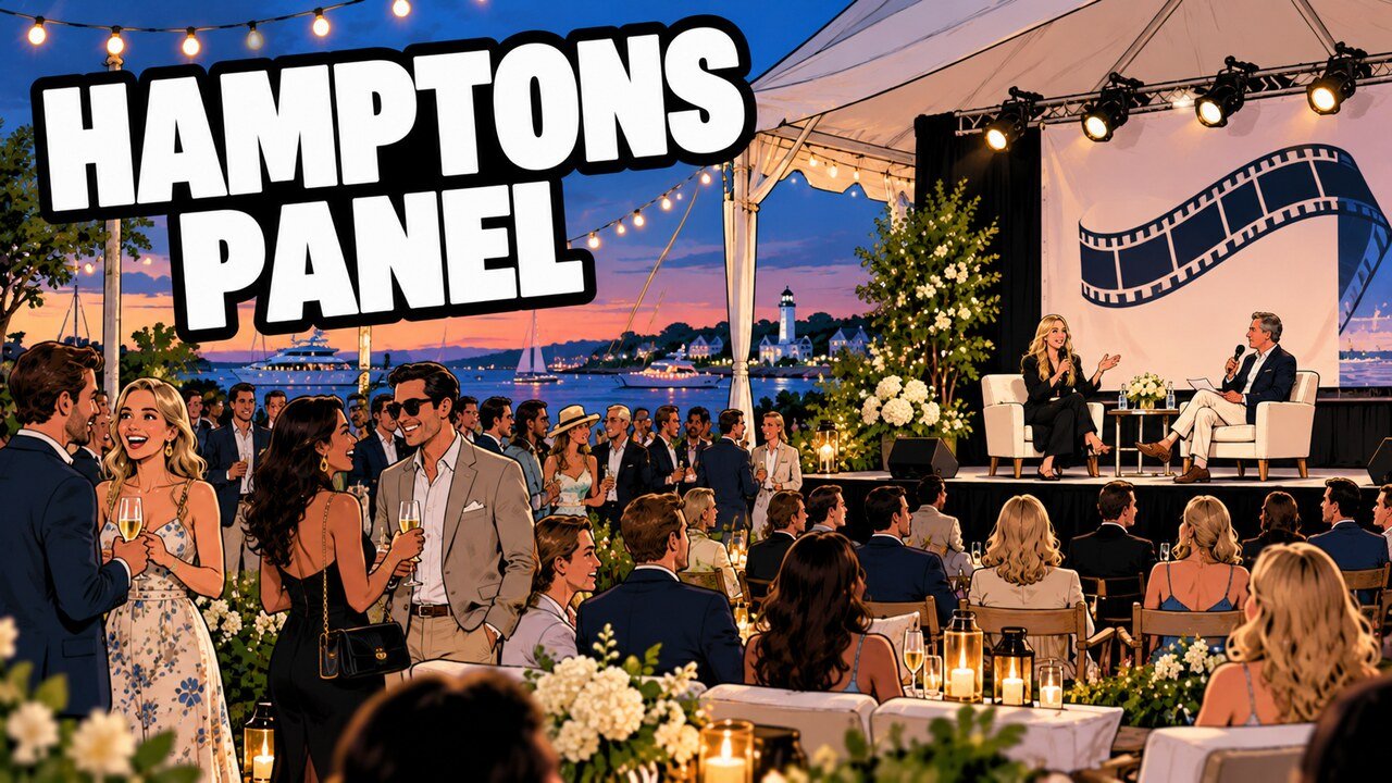 Amanda Seyfried Says She Passed on a TV Role Because of Its Sex Scenes 3 Hand-drawn editorial cartoon of a waterfront film festival panel in the Hamptons at dusk, with two people on a stage and guests in the audience. Headline: Hamptons Panel. Illustration, not a photograph.