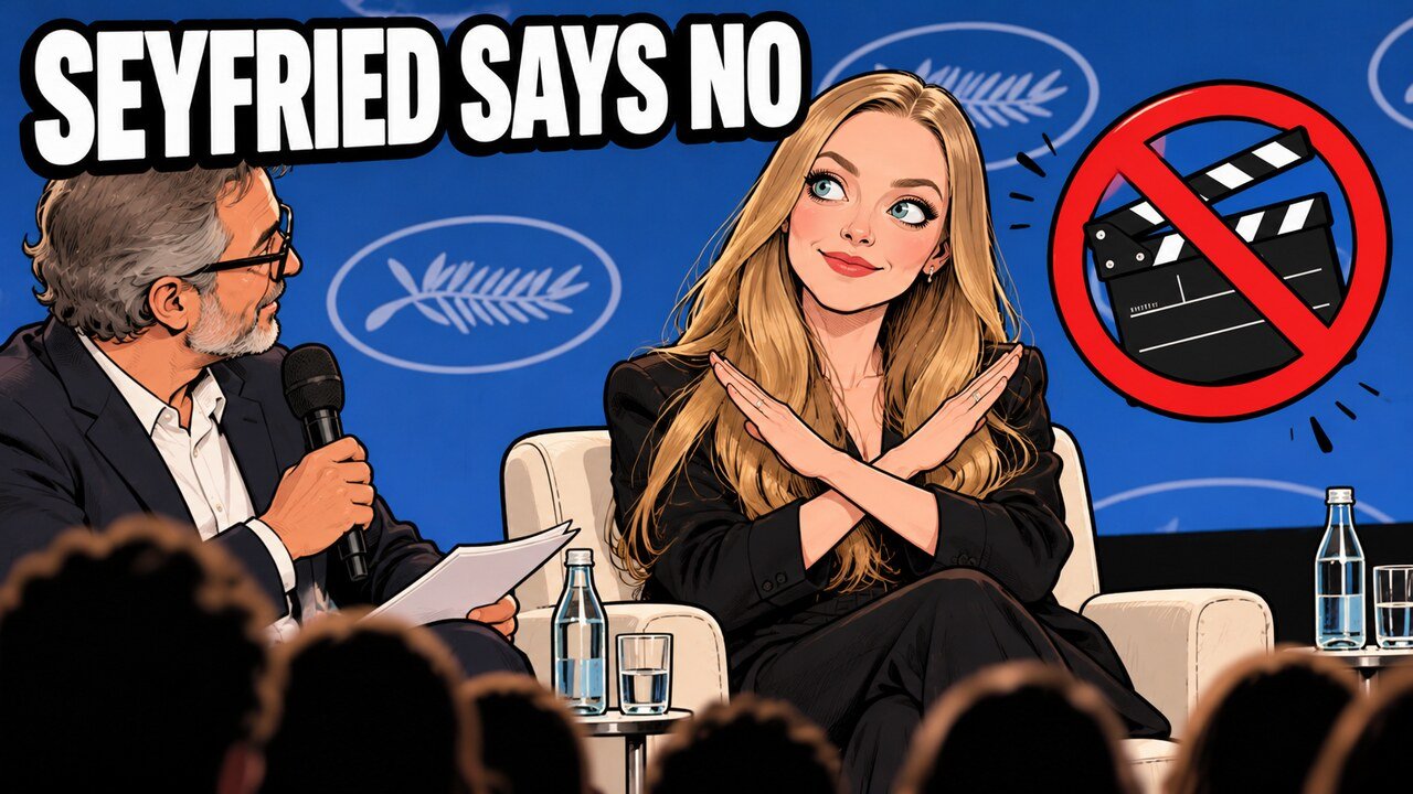 Hand-drawn editorial cartoon of Amanda Seyfried on a festival panel stage crossing her arms to say no, beside a moderator, with a crossed-out clapperboard. Headline: Seyfried Says No. Illustration, not a photograph.