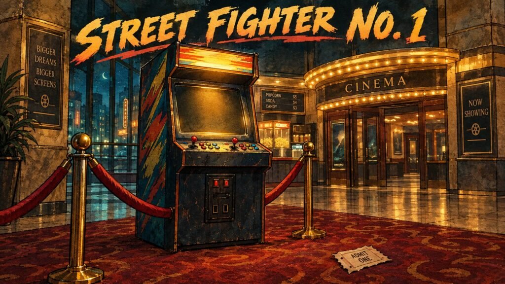 Street Fighter Box Office: $31M Domestic, $51M Worldwide Opening Takes No. 1 637 Hand-drawn editorial illustration of a glowing retro arcade cabinet in a cinema lobby with marquee lights, for the Street Fighter movie's No. 1 box office opening