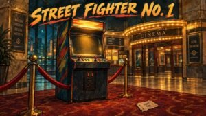 Street Fighter Box Office: $31M Domestic, $51M Worldwide Opening Takes No. 1 Hand-drawn editorial illustration of a glowing retro arcade cabinet in a cinema lobby with marquee lights, for the Street Fighter movie's No. 1 box office opening