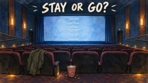 Does Street Fighter Have a Post-Credits Scene? Yes, and It Sets Up the Sequel Hand-drawn editorial illustration of an empty movie theater with credits glowing on the screen, asking whether the Street Fighter movie has a post-credits scene