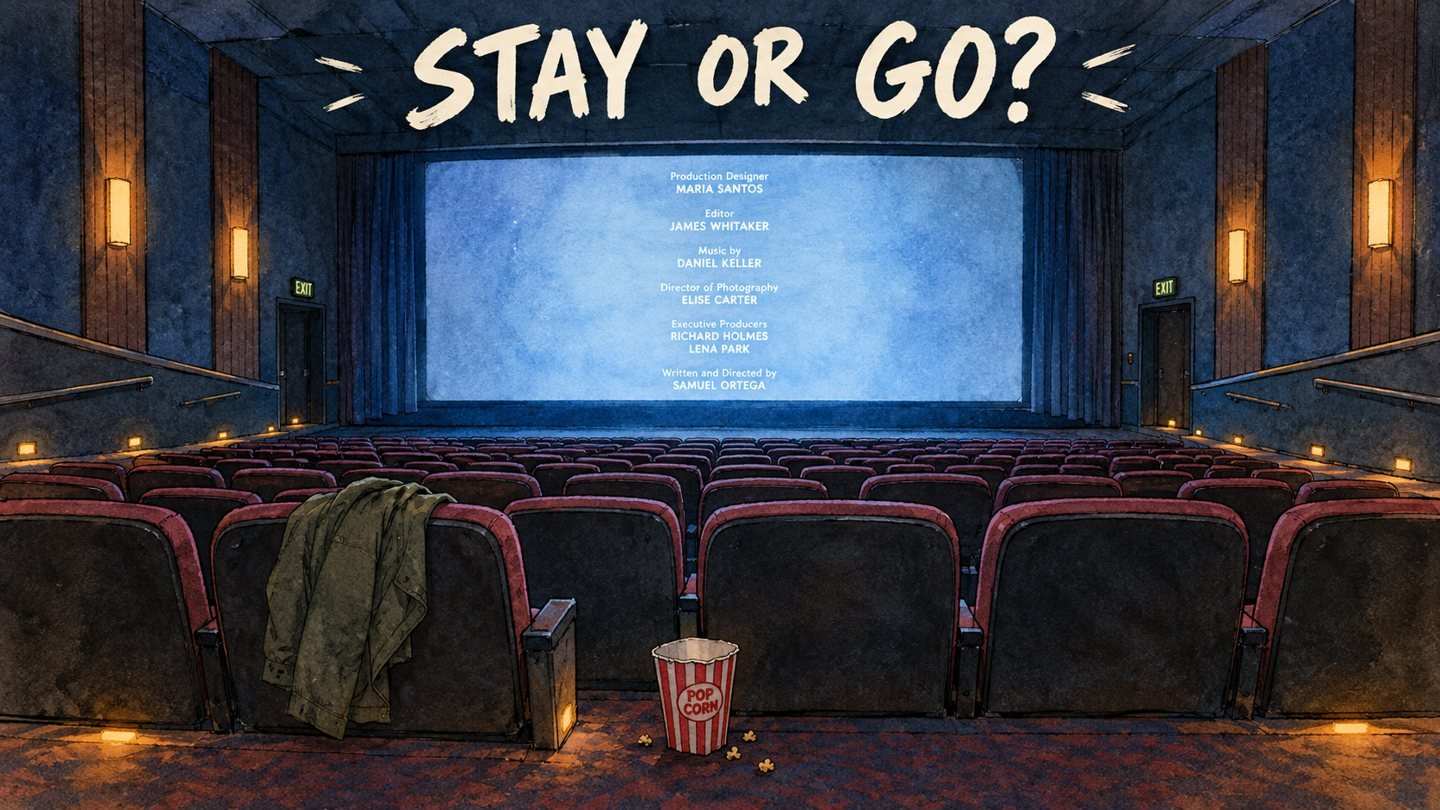 Hand-drawn editorial illustration of an empty movie theater with credits glowing on the screen, asking whether the Street Fighter movie has a post-credits scene