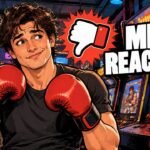Editorial cartoon of Noah Centineo in boxing gloves between thumbs up and thumbs down, not a photograph