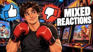 Editorial cartoon of Noah Centineo in boxing gloves between thumbs up and thumbs down, not a photograph