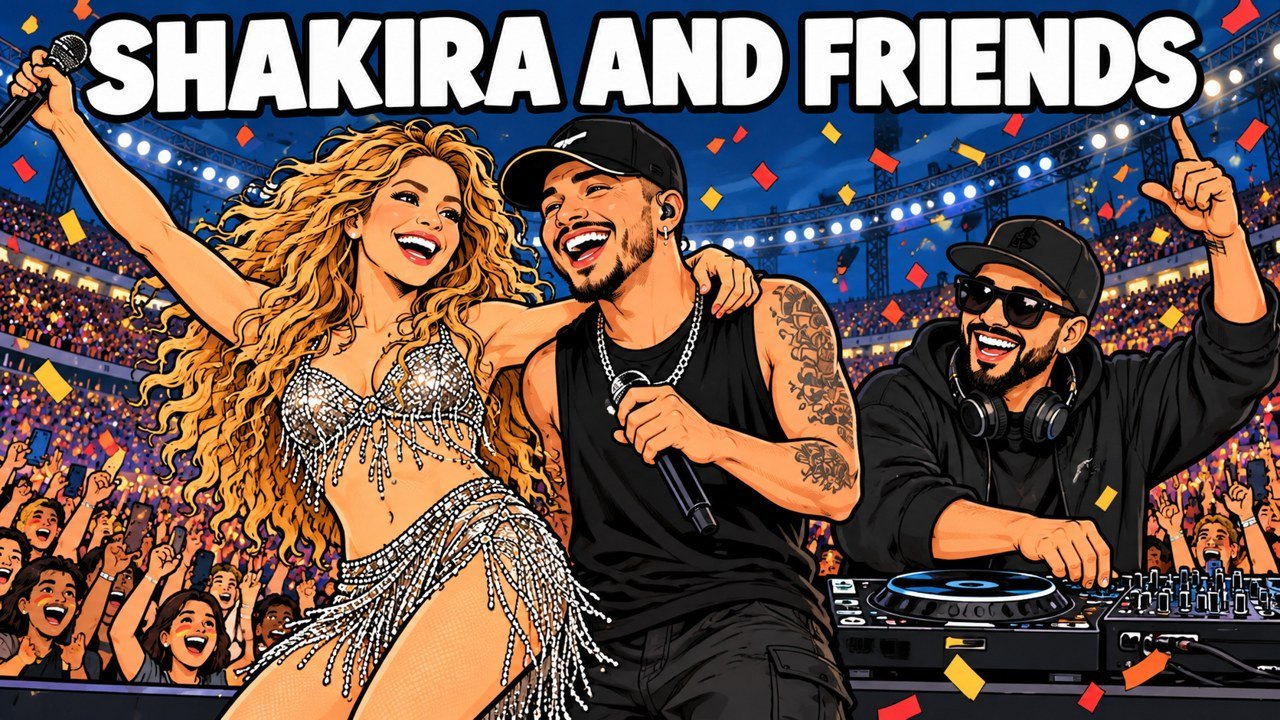 Editorial cartoon of Shakira on stage with a singer and a DJ under stadium lights. An illustration, not a photograph.