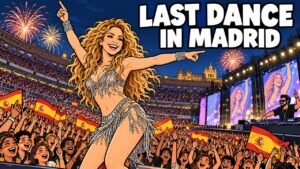 Shakira Ends Madrid Residency With Maluma, Bizarrap 4 Editorial cartoon of Shakira dancing on a Madrid stadium stage with fireworks and cheering fans. An illustration, not a photograph.