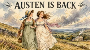 Cartoon of two Regency-era sisters walking in the English countryside