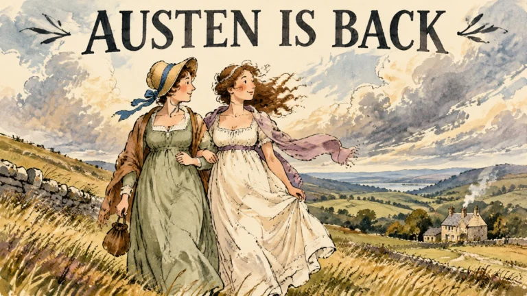 Cartoon of two Regency-era sisters walking in the English countryside
